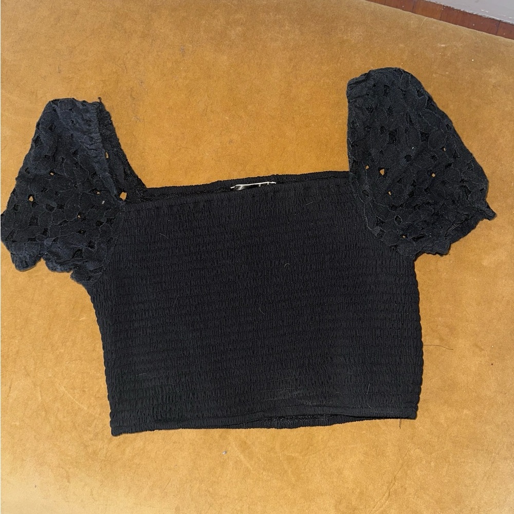 Black Lace Puff Sleeve Crop Top